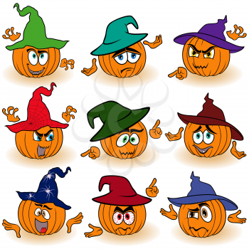 Set of nine Halloween orange pumpkins in color hats that gesticulate with hands isolated on the white background, cartoon vector illustrations