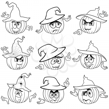 Set of nine Halloween pumpkins in hats that gesticulate with hands isolated on the white background, cartoon vector outlines