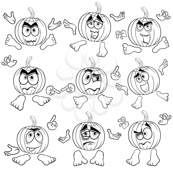 Set of nine funny Halloween pumpkins that gesticulate with hands  and feet isolated on the white background, cartoon vector outlines