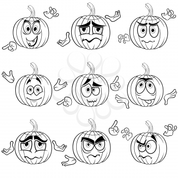 Set of nine amusing Halloween pumpkins that gesticulate with hands isolated on the white background, cartoon vector outlines