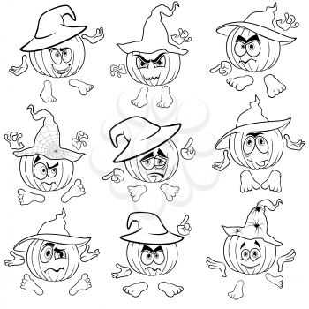 Set of nine Halloween pumpkins in hats that gesticulate with hands and feet isolated on the white background, cartoon vector outlines