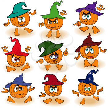 Set of nine Halloween orange pumpkins in color hats that gesticulate with hands and feet isolated on the white background, cartoon vector illustrations