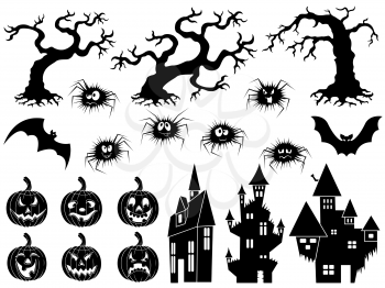 Set of different Halloween vector silhouettes and stencils with old dried trees, laughing 
pumpkins, flying bats, amusing spiders and medieval castles
