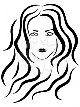 Abstract female with wavy hair, vector black outline