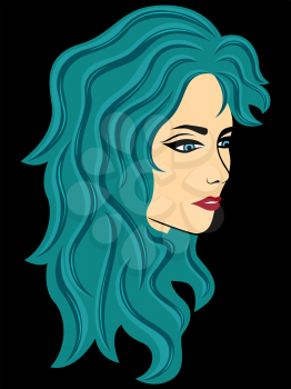 Abstract female half turn with turquoise wavy hair isolated on a black background, vector illustration