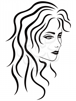 Abstract female with wavy hair half turn, vector black outline