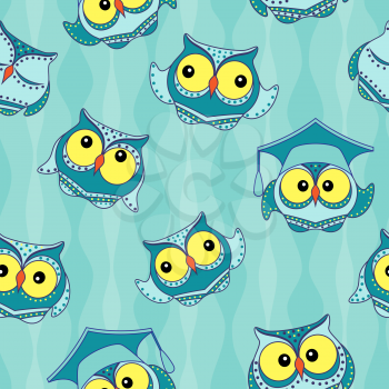 Amusing blue owls with big yellow eyes on the light blue wavy background, seamless vector pattern