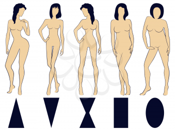 Set of five various types of female figures with conditional schematic geometric symbols below, hand drawing vector illustrations
