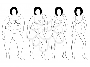 Four stages of a woman on the way to lose weight, black vector outlines isolated on white background