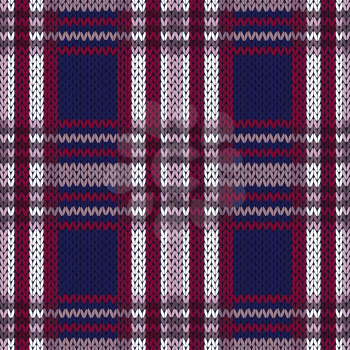 Seamless knitted vector pattern as a woollen Celtic tartan plaid in contrast colors of dark blue and red, violet and white