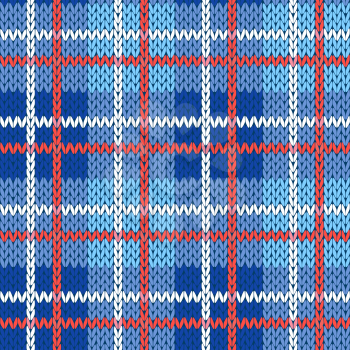 Knitting seamless vector pattern with perpendicular lines as a woollen Celtic tartan plaid or a knitted fabric texture in blue, white and red colors