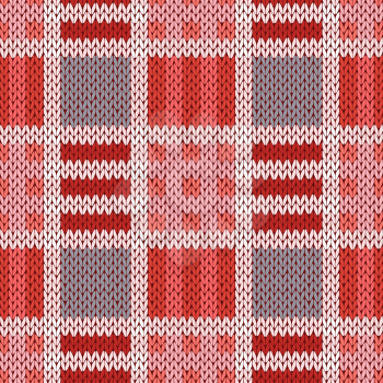 Knitting seamless vector pattern with perpendicular lines as a woollen Celtic tartan plaid or a knitted fabric texture in red, pink and grey colors