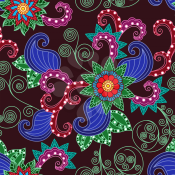 Ornamental seamless floral vector pattern with colorful leaves and flowers on the dark bordoux background 