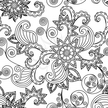 Ornamental seamless floral vector pattern with black outlines of leaves and flowers on the white background
