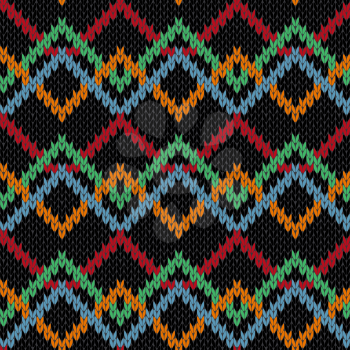 Knitting ornamental geometric multicolor seamless vector pattern with zigzag chains as a knitted fabric texture