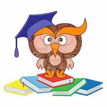 Big funny ornate wise owl in the mortarboard cap sitting on the heap of books, cartoon vector illustration isolated on the white background