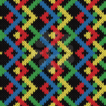 Contrast seamless knitting vector blanket with zigzag ornamental chains as a knitted fabric texture in bright colors of blue, red, yellow, green and black