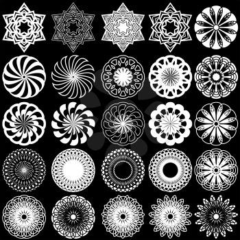 Set of twenty five white ornamental rotated objects on the black background, monochrome symmetrical vector stencils