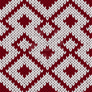 Abstract knitting ornamental seamless vector pattern as a knitted fabric texture in muted dark red and white colors
