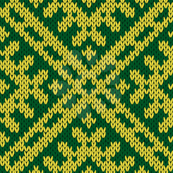 Abstract knitting ornamental seamless vector pattern as a knitted fabric texture in green and yellow colors 