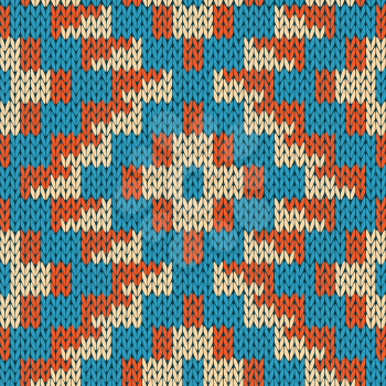 Abstract knitting ornamental seamless geometric vector pattern as a knitted fabric texture in blue, beige and orange colors