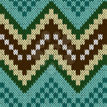 Seamless zigzag knitting vector pattern in turquoise, brown, green and beige colors as a knitted fabric texture 