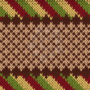 Seamless knitting vector pattern in red, brown, green and beige colors as a knitted fabric texture 