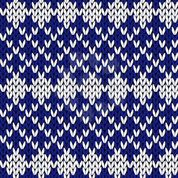Contrast seamless knitting ornamental vector pattern in blue and white colors as a knitted fabric texture 