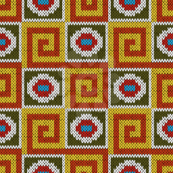 Seamless knitting geometrical colourful vector pattern in yellow, orange, green, blue, red and white colors as a knitted fabric texture