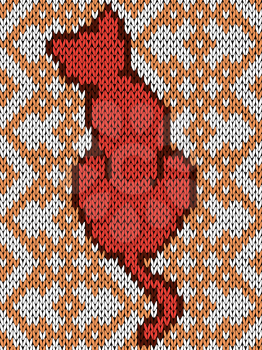 Seamless knitting fabric childish vector pattern with orange cat on the ornamental background