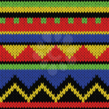 Seamless knitting geometrical colourful bright vector pattern in yellow, green, blue, red and black saturated colors as a knitted childish fabric texture 