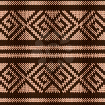 Seamless knitting geometrical vector pattern in brown and coffee colors as a knitted fabric texture 
