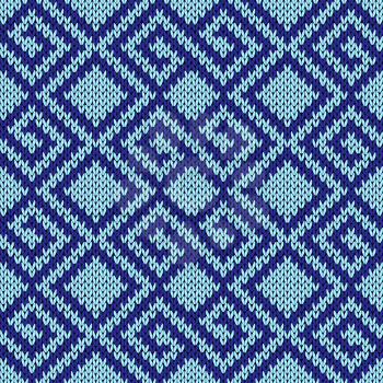 Seamless knitting geometrical vector pattern in blue hues as a knitted fabric texture 