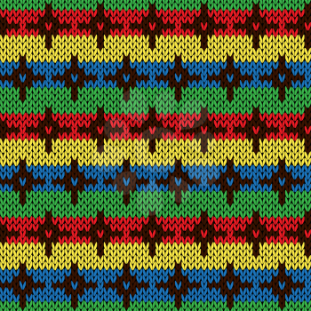 Seamless knitting geometrical vector pattern with color crosses on the striped saturated colorful background as a knitted fabric texture
