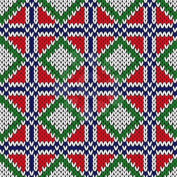 Seamless knitting geometrical vector pattern in red, green, blue and white colors as a knitted fabric texture 