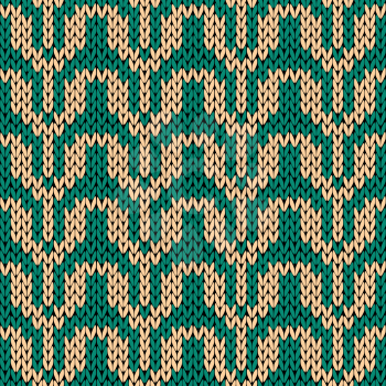 Knitting ornamental seamless vector pattern in turquoise and beige colors as a knitted fabric texture 