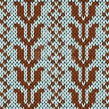 Knitting ornamental seamless vector pattern in muted blue and brown colors as a knitted fabric texture 
