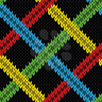 Seamless knitting geometrical vector pattern with various color lines over black background as a knitted fabric texture 