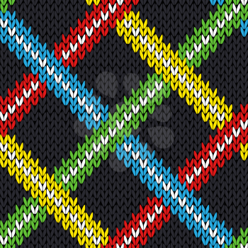 Seamless knitting geometrical vector pattern with various color lines over grey background as a knitted fabric texture 