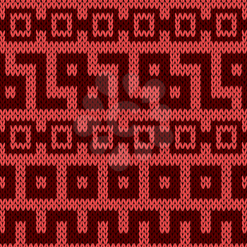 Knitting geometrical seamless vector pattern in red hues as a knitted fabric texture 