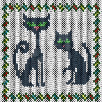 Knitting childish fabric vector pattern with two grey cats and with ornamental colourful frame