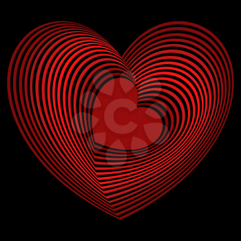 Red heart into the many concentric heart shapes on the black background, vector artwork