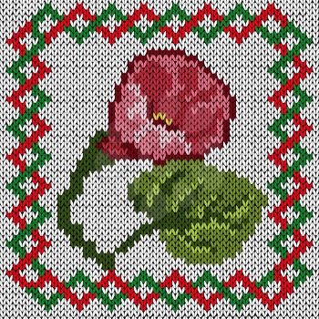 Knitting fabric vector pattern with rose flower and with ornamental colourful frame