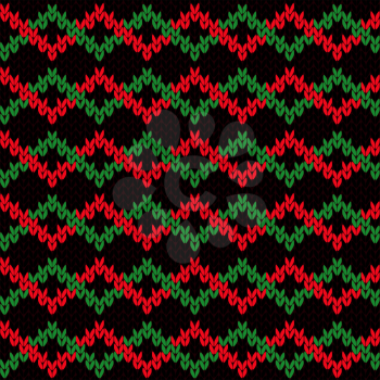 Abstract knitting seamless vector pattern with green and red interwoven zigzag tapes on the black background 