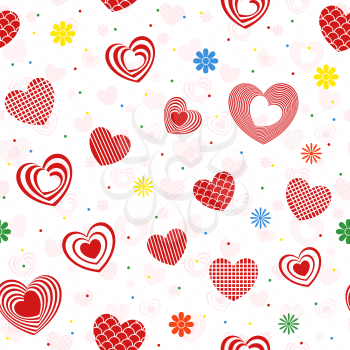 Seamless pattern with various forms red and pink  hearts, stylish Valentine vector illustration