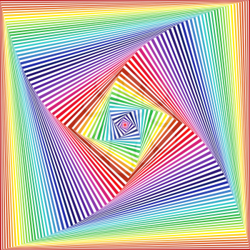 Concentric square shapes forming the sequence with swirl pseudo 3D effect, abstract vector pattern in white and multicolor spectrum hues
