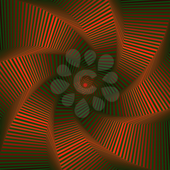 Concentric octagonal star shapes forming the digital sequence with swirl pseudo 3D effect, abstract vector pattern in red and green color