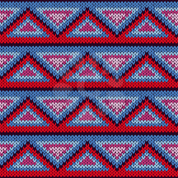 Knitted geometric background with colourful triangle ornament in red, blue, pink and magenta hues, seamless knitting vector pattern as a fabric texture