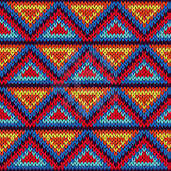 Knitted geometric background with colourful triangle ornament in red, blue, orange and yellow hues, seamless knitting vector pattern as a fabric texture