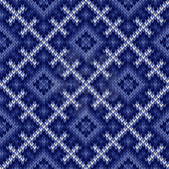 Knitted geometric background in winter motif in cool blue hues and in white, seamless knitting vector pattern as a fabric texture